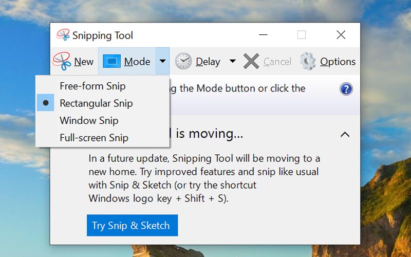 Snipping Tool có 4 chế độ chụp ảnh màn hình