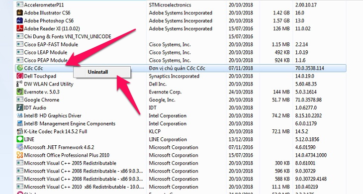 nhấp chuột phải bấm Uninstall để gỡ bỏ phần mềm
