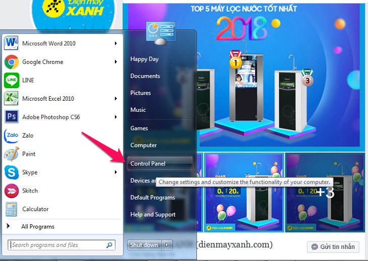 tìm và chọn Control Panel khi vào start