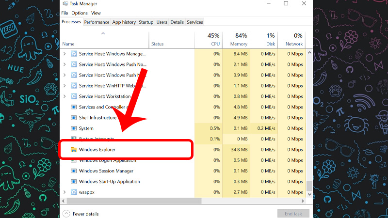 Trong tab Processes bạn cuộn xuống tìm đến mục Windows Explorer