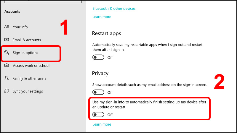 Trong tab Sign-in Options cuộn xuống gạt mục Use my sign-in info sang Off