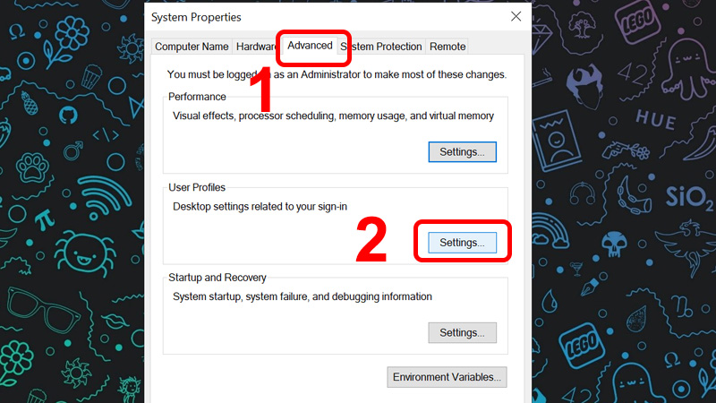 Trong tab Advanced, click vào Settings ở dưới mục User Profiles