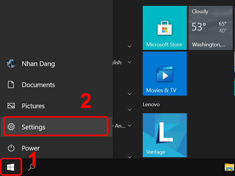 Vào Start Windows và chọn Settings