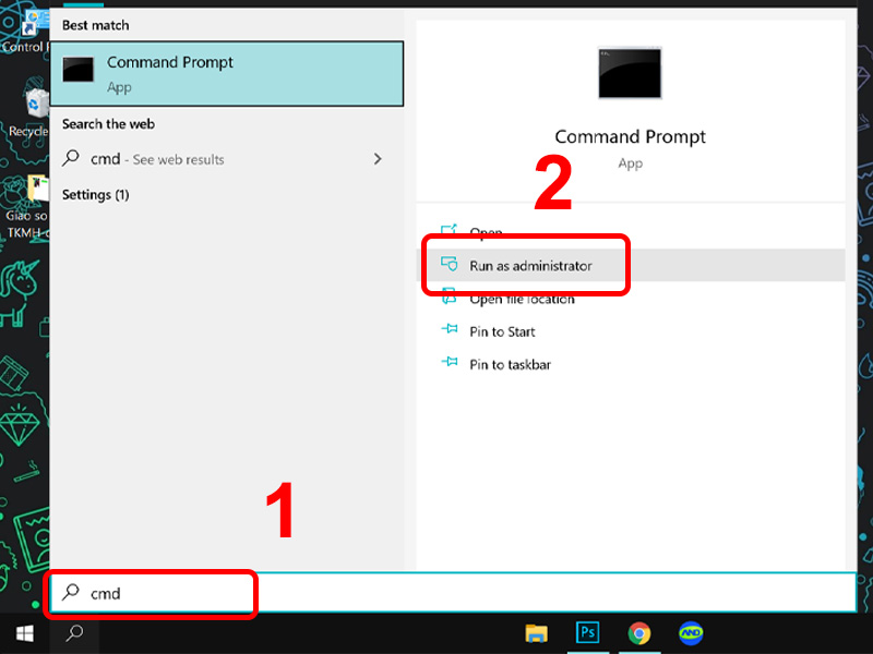 Nhấn Run as Administrator để mở Command Prompt bằng quyền Admin.