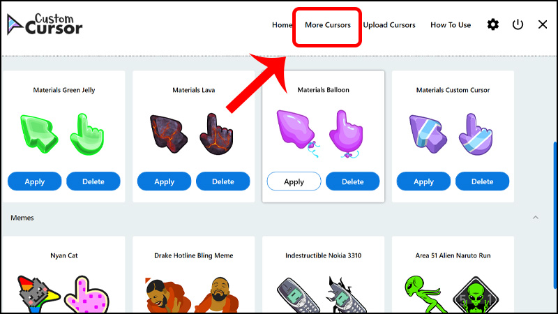 Nhấn vào More Cursors để tìm kếm thêm icon