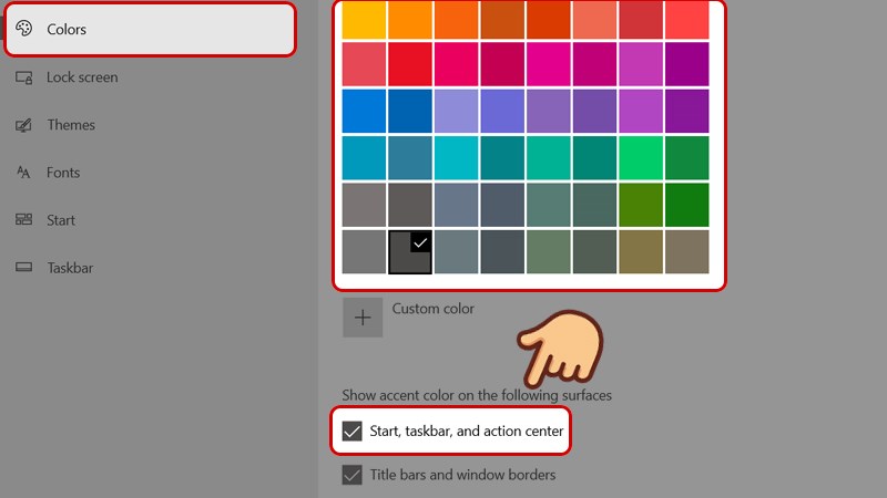 Tại mục Personalization, chọn Color. Tại đây bạn chọn màu bạn muốn và tích vào ô Show color on Start, taskbar, and action center