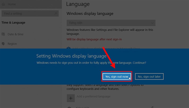 Chọn tiếp Yes, sign out now.