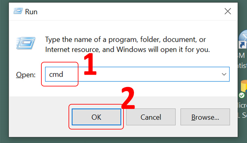 Truy cập vào cửa sổ cmd trên hộp thoai Run
