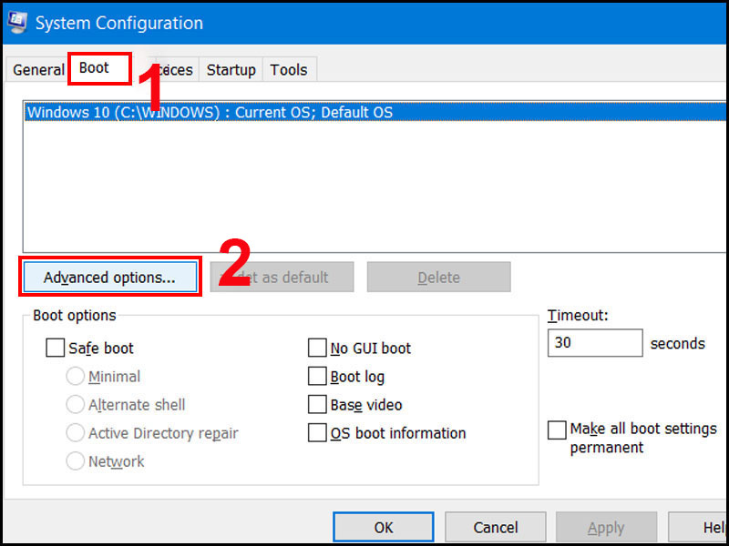 Chọn mục Boot trong hộp thoại System Configuration