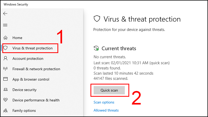 Chọn vào tab Virus threat protection và nhấn vào Quick scan